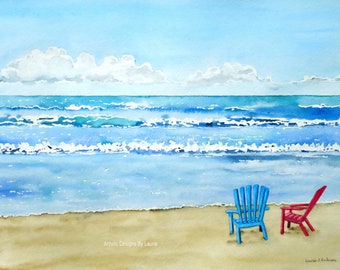 8x10 Art print Ocean with chairs on beach, watercolor ocean beach print