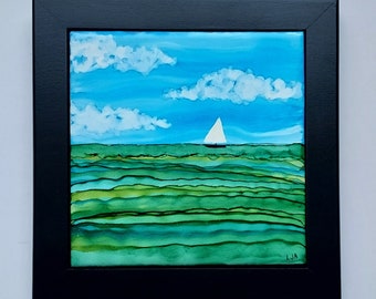 Alcohol Ink Painting on Ceramic Tile Sailboat on Water with frame 8x8