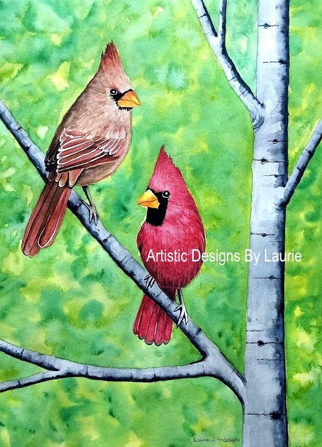 Cardinals Art Print From Original Watercolor With White Mat Size 8x10 ...