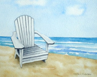 8x10 Art print Ocean and beach with Adirondack chair, watercolor print