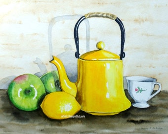 8x10 Art print Kitchen fruit, apples, lemon, teapot, tea cup