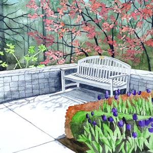 Impresión artística en acuarela de un banco del parque Mill Creek (8x10 con tapete)