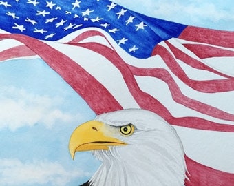 8x10 Art Print Eagle American Flag watercolor reproduction with mat