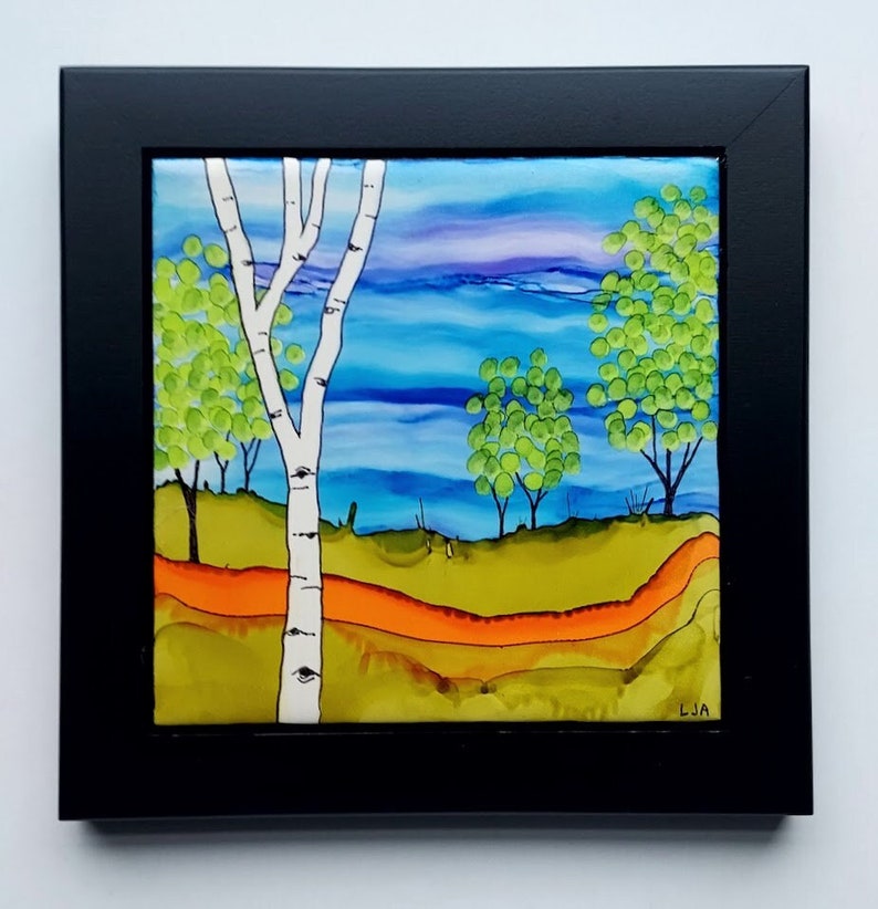 Alcohol Ink Painting Ceramic Tile Landscape with Frame size 8x8 image 1