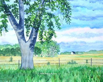 8x10 Art Print In The Field Country Landscape, watercolor farm