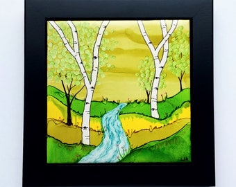 Alcohol Ink Ceramic Tile Painting Abstract Landscape framed size 8x8