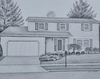 16x20 House Portrait Sketch of your home in graphite/pencil drawing custom created with mat