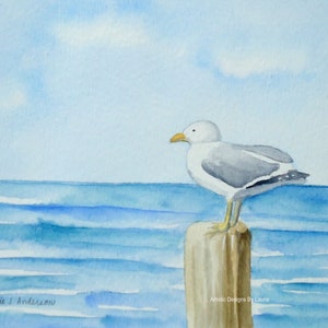 Art print Ocean with seagull, watercolor print, 8x10 with mat