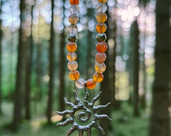 Necklace •Cyra• Carnelian beads with Boho sun in silver