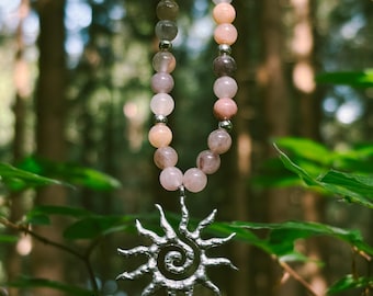 Necklace •Elio• Lavender Quartz Beads with Boho Sun in Silver