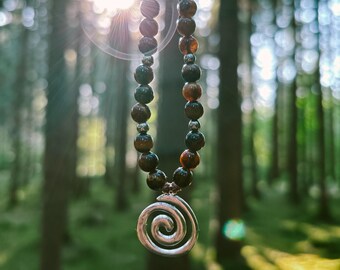 Macrame necklace •Earth• Tiger's eye beads with boho spiral charm in silver