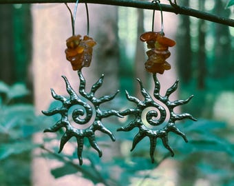 Hoop earrings •Liora• Carnelian beads with boho sun in silver