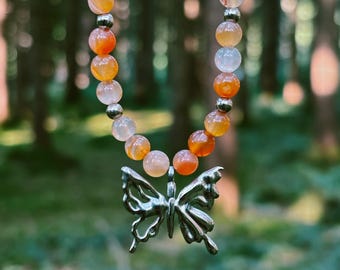 Macrame necklace •Shakti• Carnelian beads with boho butterfly charm in silver