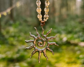 Kette •Sun• mit Labradorit filigran mit Boho Sonne in Silber und Braun