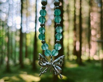 Macrame necklace •Butterfly• Aventurine beads with boho butterfly charm in silver