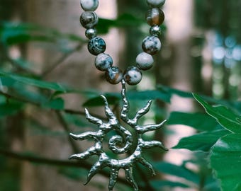 Necklace •Rua• Coffee Agate Beads with Boho Sun in Silver