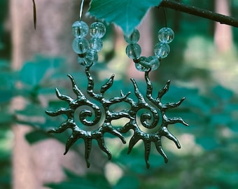 Hoop earrings •Intuition• Rock crystal beads with boho sun in silver
