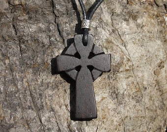 Hand-carved Rosewood Celtic Cross Pendant: Unique Wood Gift from Ireland