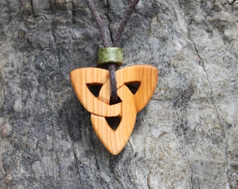 Irish Yew Wood Trinity Necklace, Hand-carved Triquetra Wooden Pendant, Unique Celtic Jewelry Made In Ireland