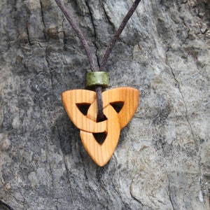 Irish Yew Wood Trinity Necklace, Hand-carved Triquetra Wooden Pendant, Unique Celtic Jewelry Made In Ireland
