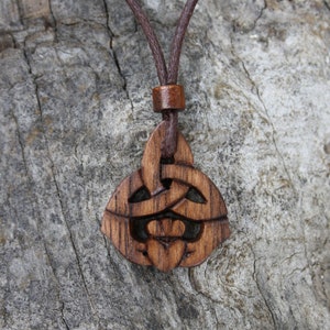 Irish Knot Claddagh Necklace, Handcarved Walnut Trinity Knot Pendant, Unique Celtic Wooden Gift Made In Ireland, Claddagh Jewellery