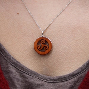 Hand Carved Yew Wood Spiral Triskele Necklace On Sterling Silver, Unique Celtic Pagan Triskelion Pendant, Made In Ireland Jewelry image 1