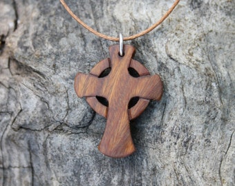 Wooden Cross Celtic Pendant For Men, Celtic Cross Necklace Carved In Lignum Vitae, Unique Wood Gift For Men, Hand Made In Ireland