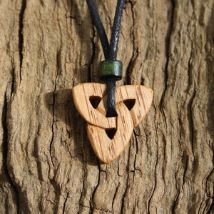 Irish Oak Trinity Wooden Necklace, Hand-carved Triquetra Pendant, Unique Celtic Jewelry For Men, Small Carved Wood Gift From Ireland