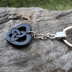 Irish Bog Oak Celtic Heart Wooden Keychain, Handcarved 5000 Year Old Irish Bog Wood Trinity Keyring, Unique Black Oak Key Chain