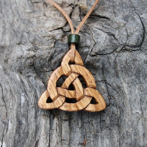 Triquetra Wood Necklace, Unique Celtic Knot Pendant Carved On Irish Chestnut, Celtic Triad Wooden Gift Made In Ireland