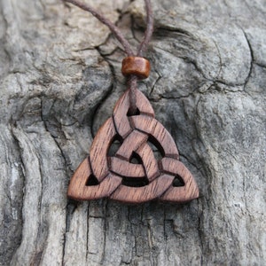 Handcarved Walnut Triquetra Necklace, Unique Wooden Celtic Eternity Jewelry For Men, Perfect 5th Wood Anniversary Gift For Him