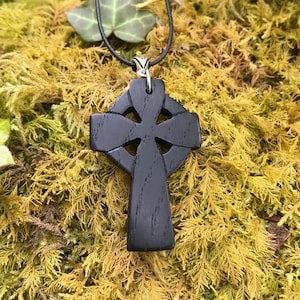 Handcarved Black Oak Celtic Cross Pendant, 5000 Year Old Irish Bog Oak Irish Cross Necklace, Unique Irish Made Celtic Jewelry