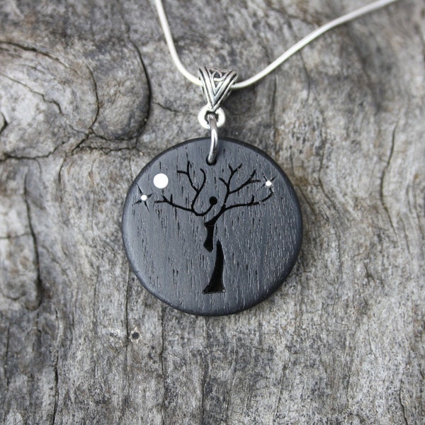 5000 Year Old Irish Bog Oak Tree Of Life Lady Pendant With Moon & Stars Inlays, Unique Bog Wood Celtic Necklace, Handmade Gift From Ireland