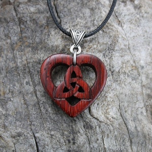 Hand-carved Rosewood Celtic Heart Trinity Knot Wooden Pendant, Celtic Knot Jewelry From Ireland, Unique Wooden Heart Necklace