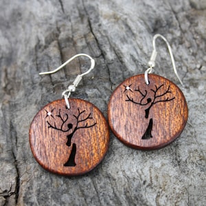 Hand-carved Tree Goddess Earrings, Unique Mahogany Woman Tree Yggdrasil Wood Earrings, Celtic Tree Earrings Handmade In Ireland