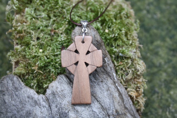 Celtic Cross Wooden Pendant, Hand-carved Walnut Wood Celtic Cross