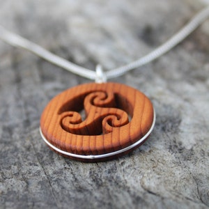 Hand Carved Yew Wood Spiral Triskele Necklace On Sterling Silver, Unique Celtic Pagan Triskelion Pendant, Made In Ireland Jewelry image 4