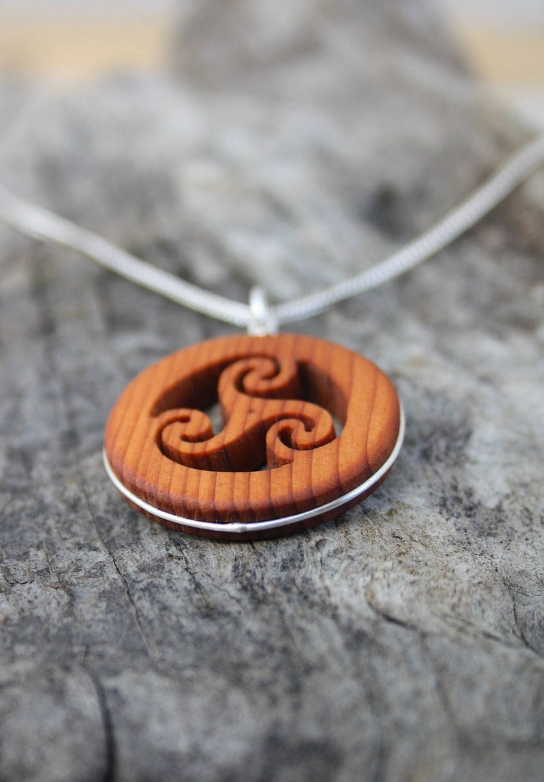 Hand Carved Yew Wood Spiral Triskele Necklace On Sterling Silver, Unique Celtic Pagan Triskelion Pendant, Made In Ireland Jewelry image 4