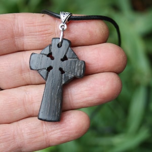 Hand-carved Ancient Irish Bog Wood Cross Necklace