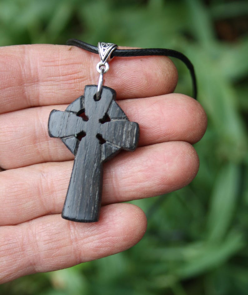 Hand-carved Ancient Irish Bog Wood Cross Necklace