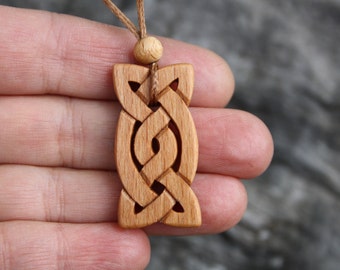 Hand Carved Beech Wood Celtic Knot Pendant Irish Necklace