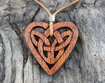Handcrafted Celtic Heart Necklace, Mahogany Wood Eternity Knot Pendant, 5th Anniversary Gift From Ireland