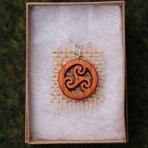 Hand Carved Yew Wood Spiral Triskele Necklace On Sterling Silver, Unique Celtic Pagan Triskelion Pendant, Made In Ireland Jewelry image 6