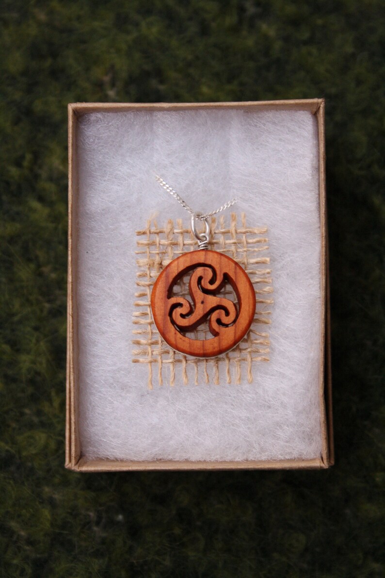 Hand Carved Yew Wood Spiral Triskele Necklace On Sterling Silver, Unique Celtic Pagan Triskelion Pendant, Made In Ireland Jewelry image 6