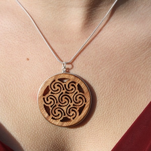 Triple Goddess Spiral Pendant, Hand-carved Irish Cherry Wood Celtic Spiral Necklace On Sterling Silver, Unique 5th Anniversary Irish Gift