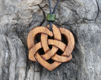 Celtic Heart Necklace: Hand Carved Irish Elm Wood Trinity Knot Pendant