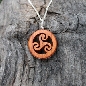 Hand Carved Yew Wood Spiral Triskele Necklace On Sterling Silver, Unique Celtic Pagan Triskelion Pendant, Made In Ireland Jewelry image 2