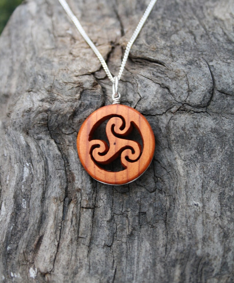 Hand Carved Yew Wood Spiral Triskele Necklace On Sterling Silver, Unique Celtic Pagan Triskelion Pendant, Made In Ireland Jewelry image 2
