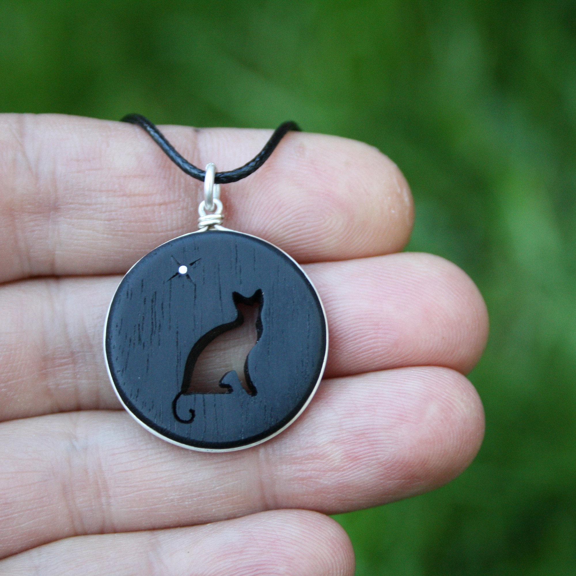 Ebony Wood Black Cat Necklace Handcarved Sitting Cat Wooden Etsy