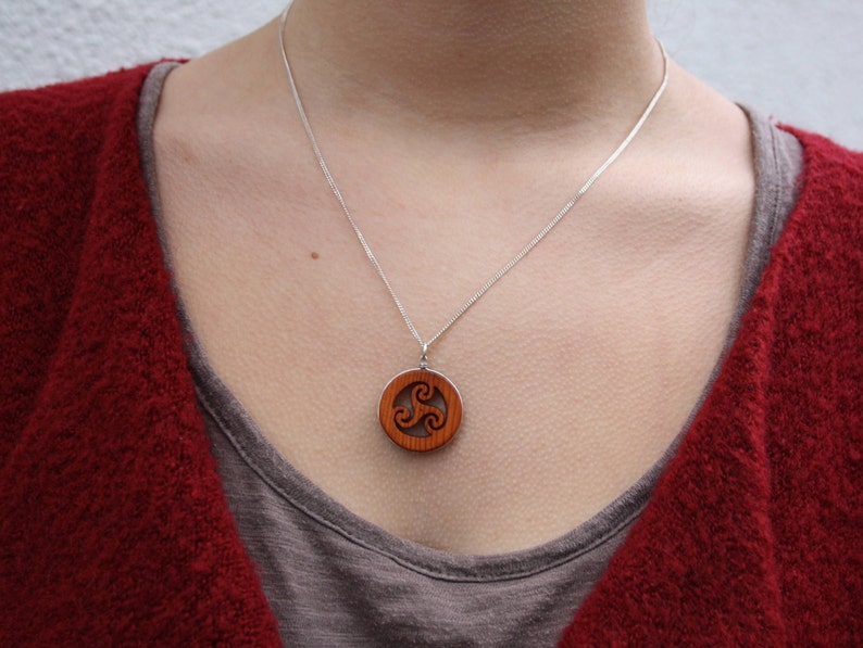 Hand Carved Yew Wood Spiral Triskele Necklace On Sterling Silver, Unique Celtic Pagan Triskelion Pendant, Made In Ireland Jewelry image 5